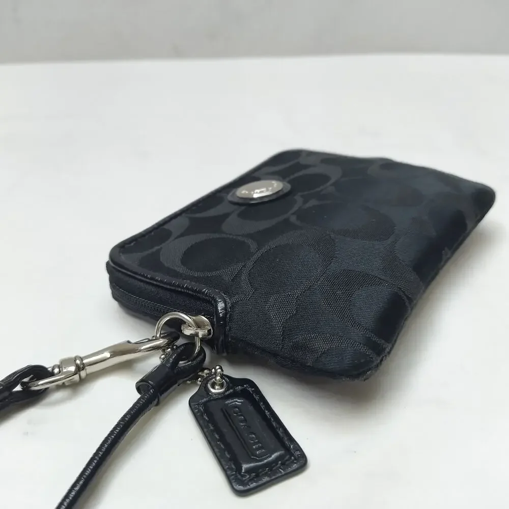 Coach Signature Black Canvas Credit Card Zip Around Square Wristlet Wallet
